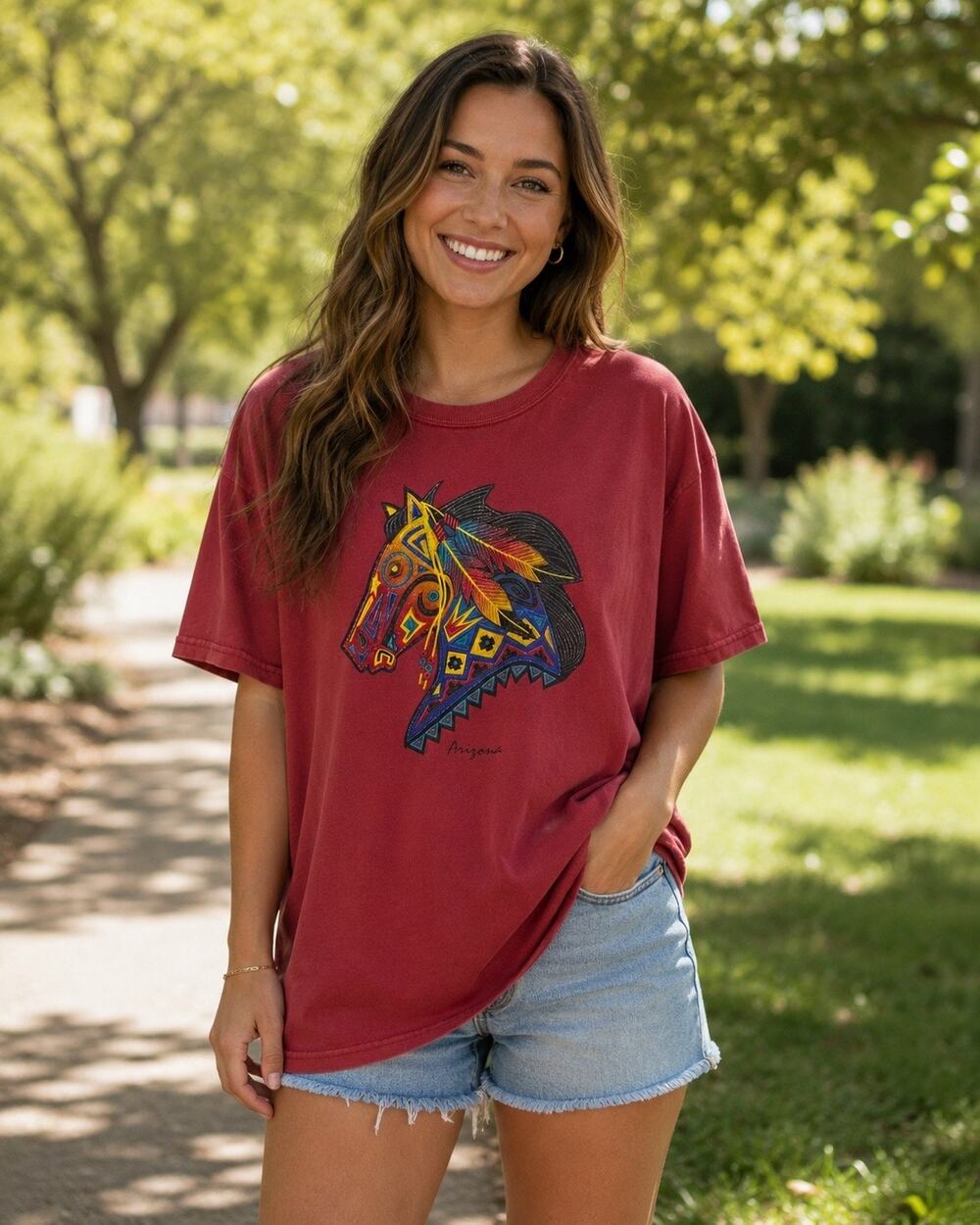 90s vtg Horse Animal Nature Art Graphic T-shirt size Large red Arizona Native